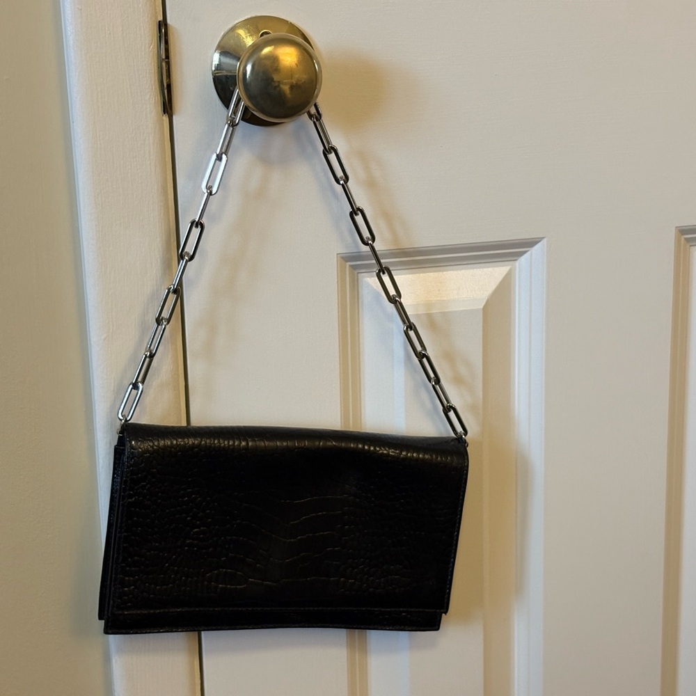 Black Croc-Embossed Clutch with Chain Strap